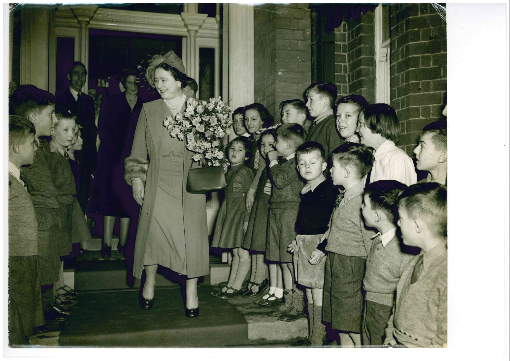 Our first patron Her Majesty, Queen Elizabeth, Queen Mother, on her visit to Moor House in 1953